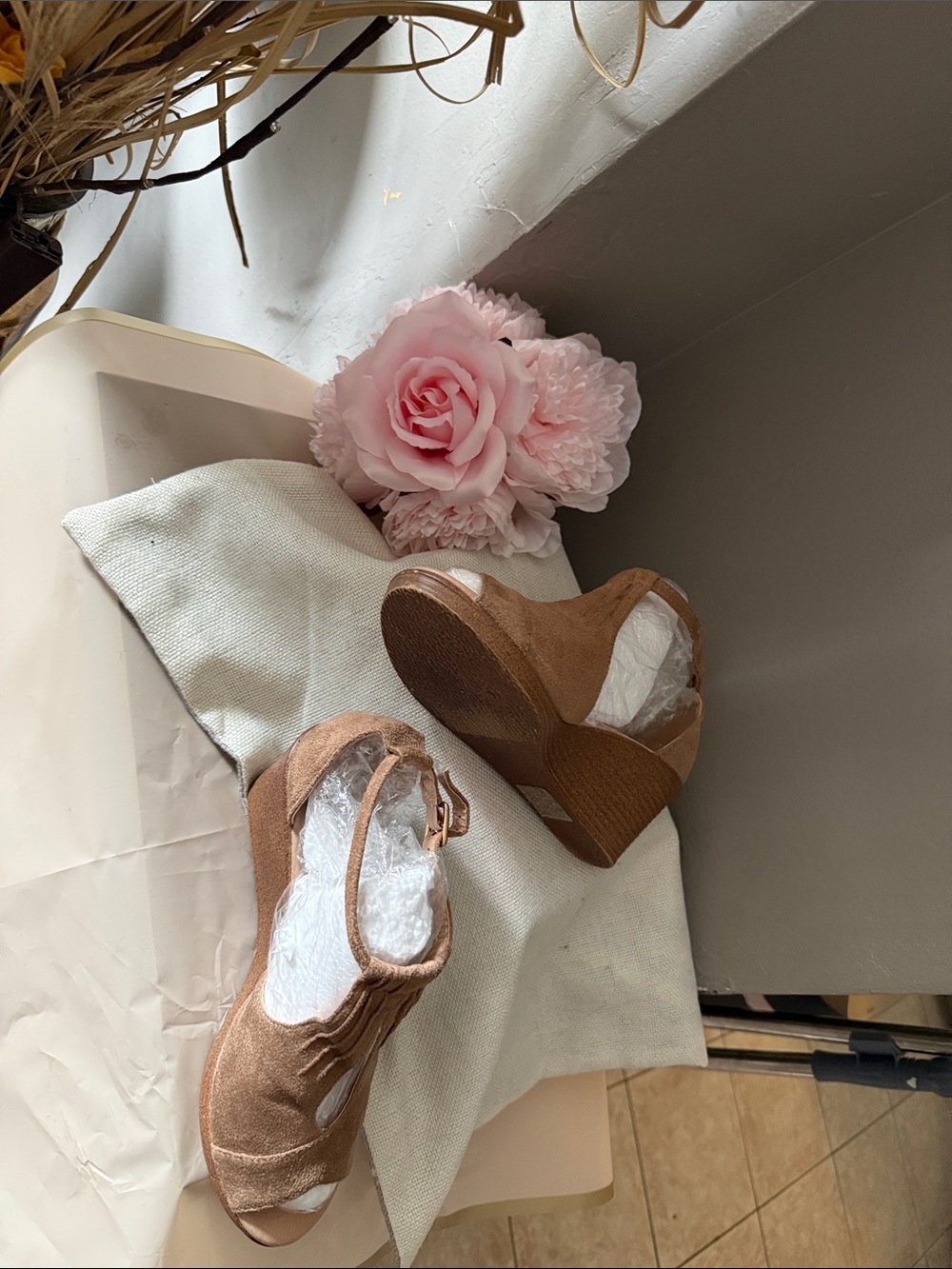 Journee Collection Tan Suede Wedge Sandals with Ankle Strap